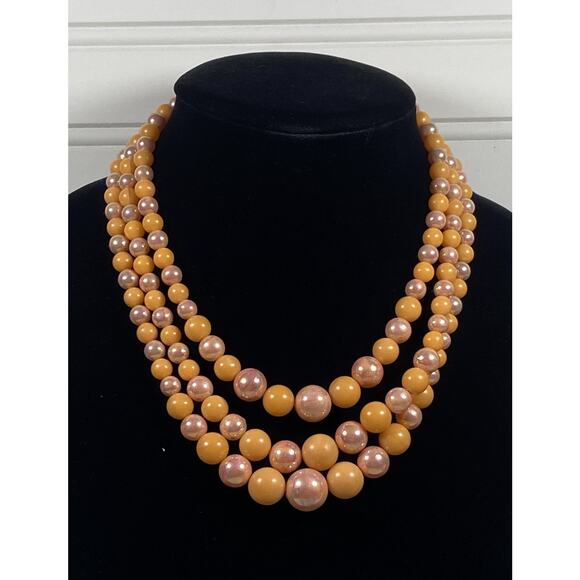 Vintage Triple Strand Orange & Pink Opalescent Graduated Beaded Costume Necklace - Picture 1 of 16